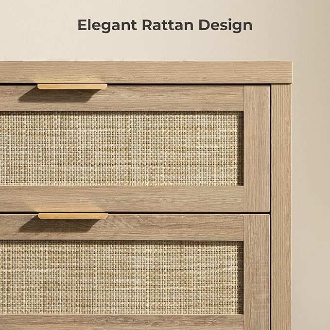 SICOTAS Rattan Dresser for Bedroom, 57" Wide 6 Drawer Dresser | Dressers with Ample Storage, Large Chest of Drawers, Closet, Boho TV Stand for Bedroom, Reclaimed Light Oak, 1 Piece