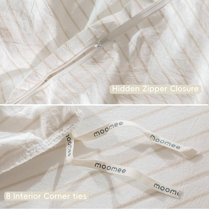 MooMee Striped Duvet Cover Set 100% Washed Cotton Linen Like | Relaxed Linen-like Texture. Soft, Breathable & Long-lasting Comfort. Lightweight. Hidden Zipper with 8 Interior Corner Ties