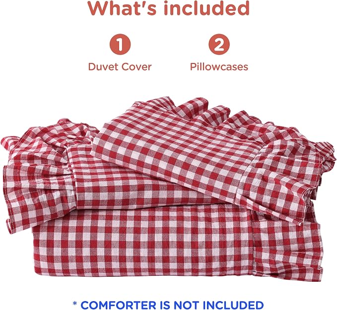 ATsense Red Gingham Ruffle Duvet Cover Set Cotton Like Linen, King | 100% Washed Cotton Linen-Like Feel Soft, Breathable & Comfy. Farmhouse Bedding Set with Zipper & 8 Ties. 3 Pcs, No Insert