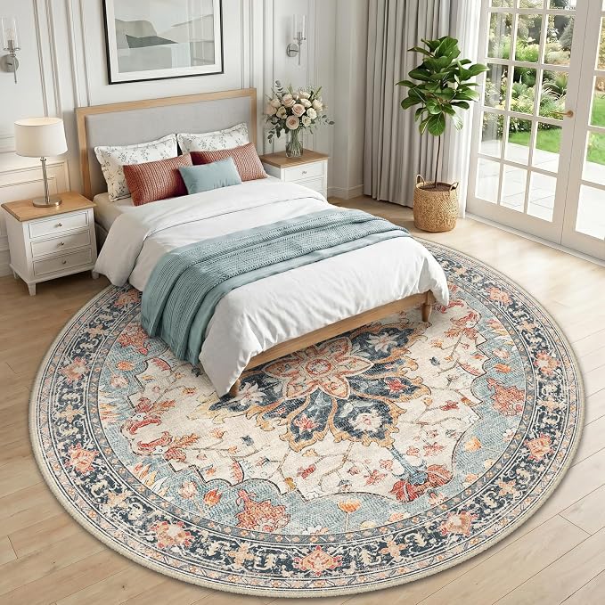RELEANY Washable Area Rug, Round 10ft, Beige/Blue/Orange | Non-Slip, Water Repellent, Pet Friendly, Easy to Clean, Vintage Floral Boho Decor for Living Room Bedroom Dining Room