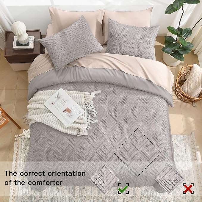 Litanika California King Comforter Set, 3 Pcs Tufted Boho Bedding Set | Milk Grey Farmhouse Shabby Chic Vintage Bohemian Textured Aesthetic Soft Fluffy Lightweight Breathable All Season Bed Set