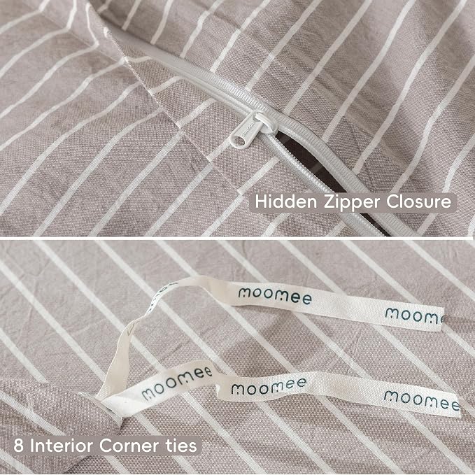 MooMee Striped Duvet Cover Set 100% Washed Cotton Linen Like Queen | Relaxed Linen-like Texture. Soft, Breathable & Long-lasting Comfort. Lightweight. Hidden Zipper with 8 Interior Corner Ties