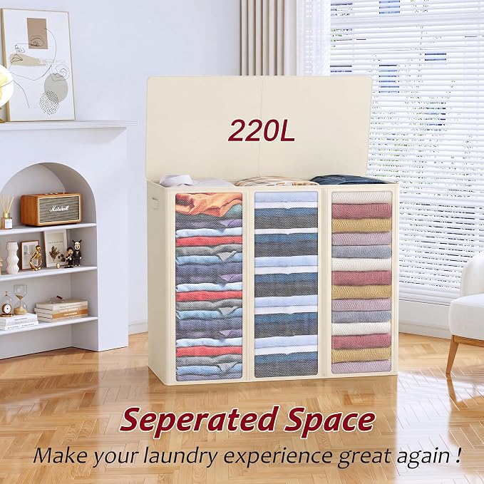 220L Laundry Hamper 3 Section,Large Laundry Hamper with Lid,Dirty Clothes Hamper with 3 Inner Bags,Collapsible Laundry Basket Organizer for Laundry Room,Bedroom,Laundry Sorter Hamper 3 Compartment