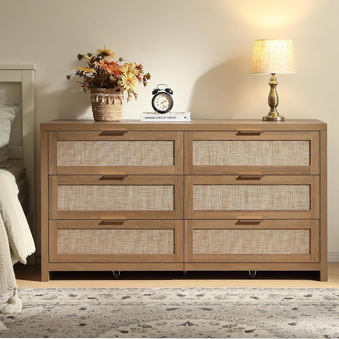 SICOTAS Rattan Dressers for Bedroom Set 2, Large 6 Drawer Dresser | Long Chest of Drawers, Dresser Farmhouse TV Stand for Bedroom, Living Room, Nursery, Closet, Reclaimed Caramel Oak, 2 Pieces