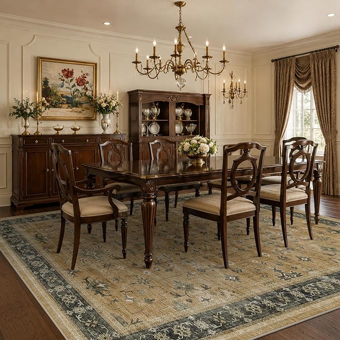 Washable 8x10 Living Room Rug, Oriental Large Area Rug for Dining Room Under Table, Rustic Brown and Charcoal Olive Low Pile Bedroom Carpet, Non-Slip Stain Resistant Indoor Door Mat