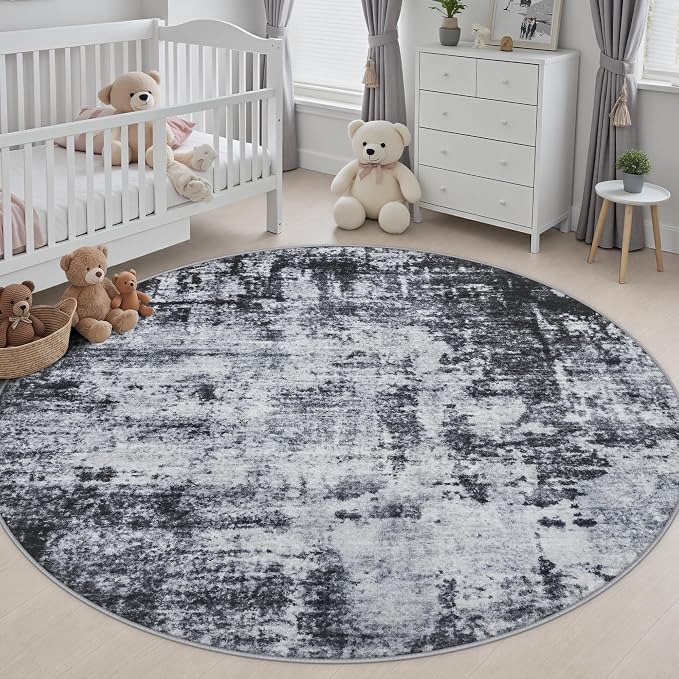 Round Area Rug Living Room: 6 ft Modern Washable Carpet Dark | For Bedroom Dining Room Farmhouse Nursery Hallway Office,Modern Abstract,Machine washable,Non-Slip,Stain Resistant,Indoor