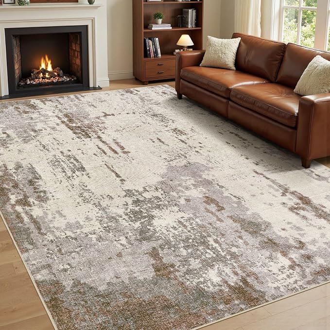 UERMEI 9x12 Washable Area Rug - Neutral Modern Abstract Living Room Rugs, Non-Slip Soft Large Indoor Floor Carpet for Bedroom Home Office & Under Dining Table Decor, Brown/Grey/Beige