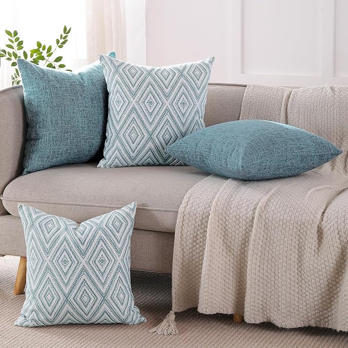 HPUK Throw Pillow Covers 18x18, Set of 4, Blue Textured Couch Pillow Covers | Polyester fabric, patterned and solid designs, hidden zippers, machine washable, for sofas and beds, inserts not included