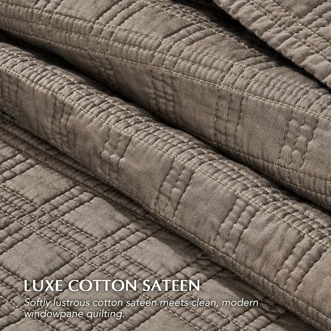 EVERGRACEHOME Cotton Sateen Windowpane Quilt Set King Size, Mocha Brown | 100% Cotton, Pre-Washed Soft Coverlet Bedspread, 3-Piece Lightweight Bedding Set for All Season, with 2 Pillow Shams