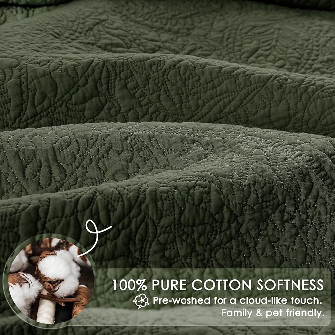 WDCOZY Queen 100% Cotton Paisley Quilt Bedding Set Olive Green Comforter | Pre-Washed Thin Farmhouse Bedspread, 90"x96" Coverlet + 2 Shams 20"x26", Soft Lightweight, All-Season, Textured Like Linen