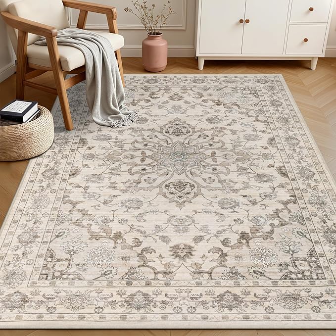 3x5 Area Rugs Living Room: Washable Rug for Bedroom Brown Beige | Boho No Slip Stain Resistant Rug Soft Indoor Decor Floor Floral 3x5 Area Rugs for Dining Room, Nursery, Hallway, Home Office