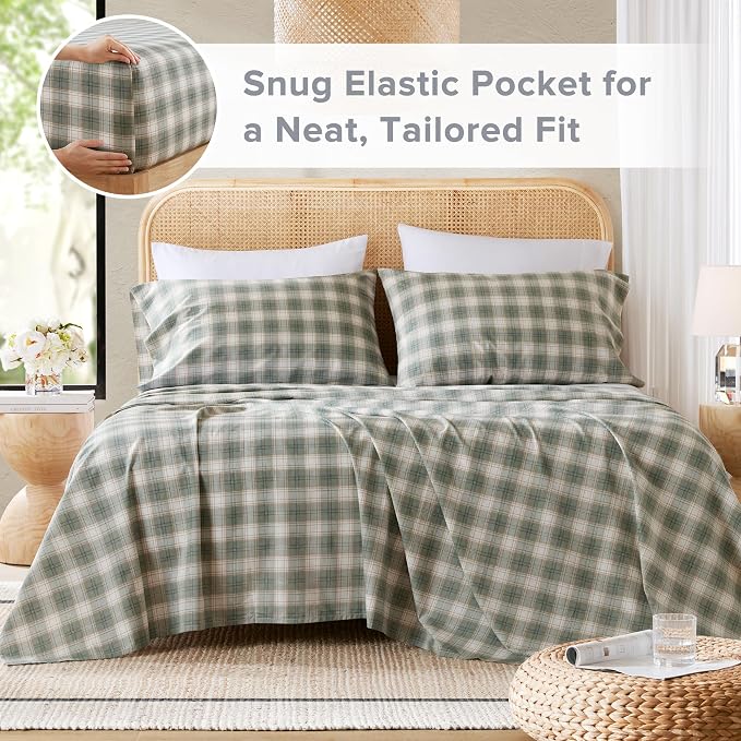 Comfort Spaces 100% Cotton Percale Sheets Twin XL Size 3 Pcs, Wesley Green | Crisp, Cool & Breathable Bed Sheets, 12" Deep Pocket Fits Up to 14" Mattress, Lightweight, All Season Cozy, with Pillow Case