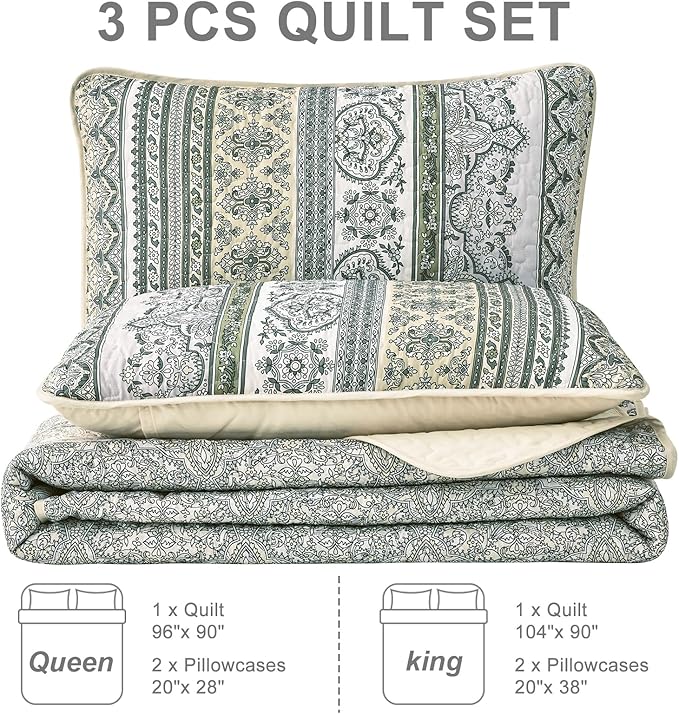 WONGS BEDDING Boho Quilt Queen Size,3 Pcs Beige Bedspread Bedding Set | Colorful Bohemian Striped Printed Bedding for All Season, Lightweight Microfiber Coverlet Set with 2 Pillowcases(96"x90")