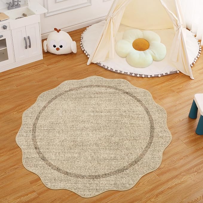 GarveeHome Scalloped Round Area Rugs Washable Small Round Rug 3ft Non-Slip | Soft Boho Ultra-Thin Circle Low Pile Stain Resistant Carpet for Bedroom Entryway Kitchen Laundry Bathroom