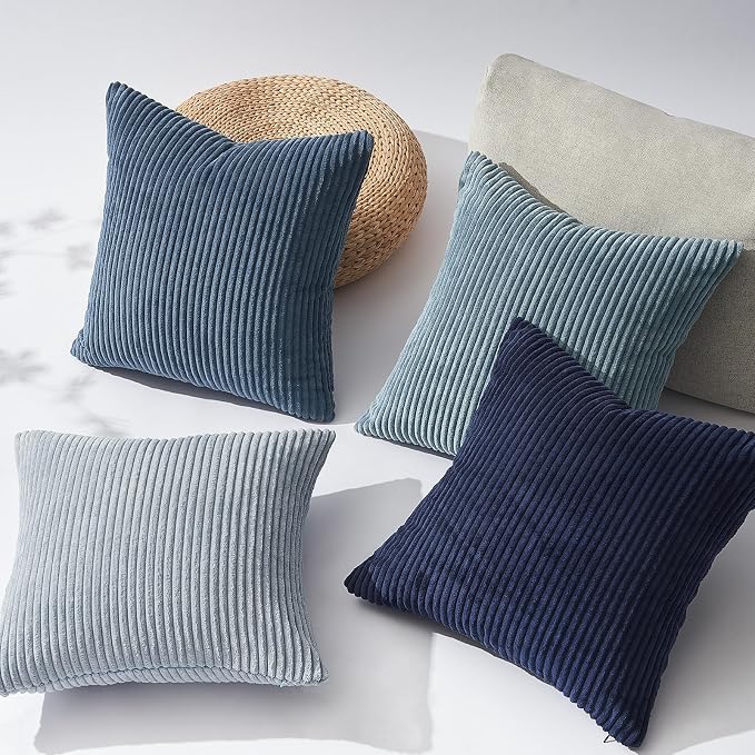 Topfinel Decorative Throw Pillow Covers Dusty Blue Navy Series 16x16 Inch Set of 4,Summer Corduroy Striped Toss Pillows for Couch,Patio,Balcony,Children Bedroom,Modern Fluffy Blue Gradient Shams