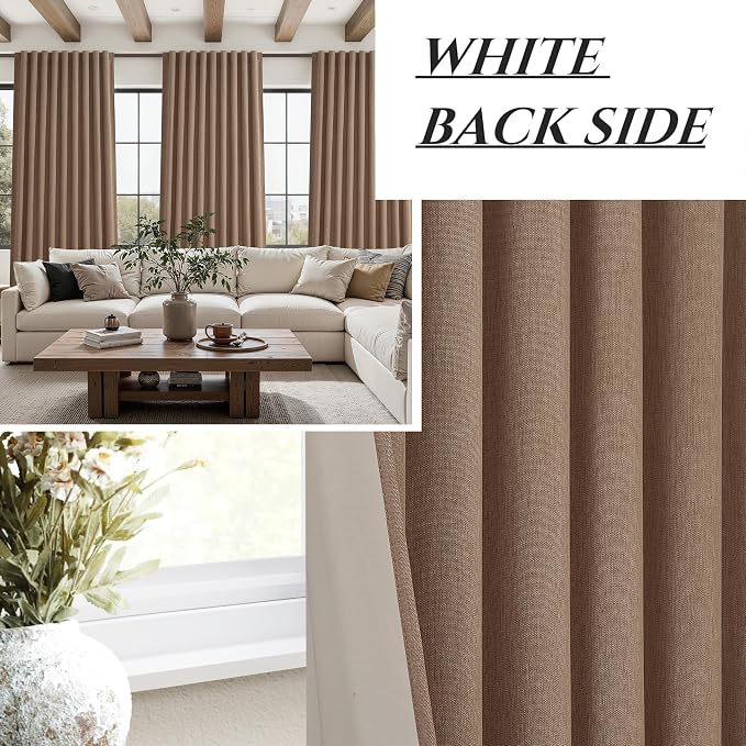 Rust Brown Blackout Curtains 60 Inches Extra Wide Linen 96 Inch Length for Living Room, Pleated Farmhouse Bedroom Chocolate Thermal Drapes for Winter Thick Large Window 60"W x 96"L 2 Panels