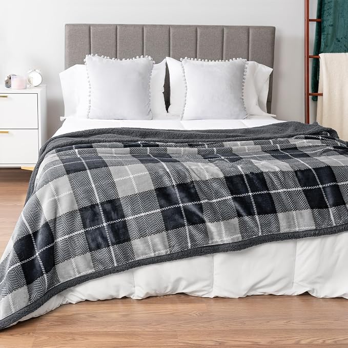 PAVILIA Twin Plaid Sherpa Throw Blanket for Couch Sofa Bed Dark Grey, 60x80 | GSM 460; Soft Plush Flannel Fleece; Warm&Cozy for Home; Machine Washable, Perfect Cabin Decor Winter Holiday Christmas Gift