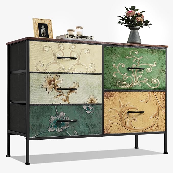 WLIVE Dresser for Bedroom with 5 Drawers, Wide Chest of Drawers for Bedroom, Fabric Dresser for Living Room, Closet, Hallway, Floral Painted