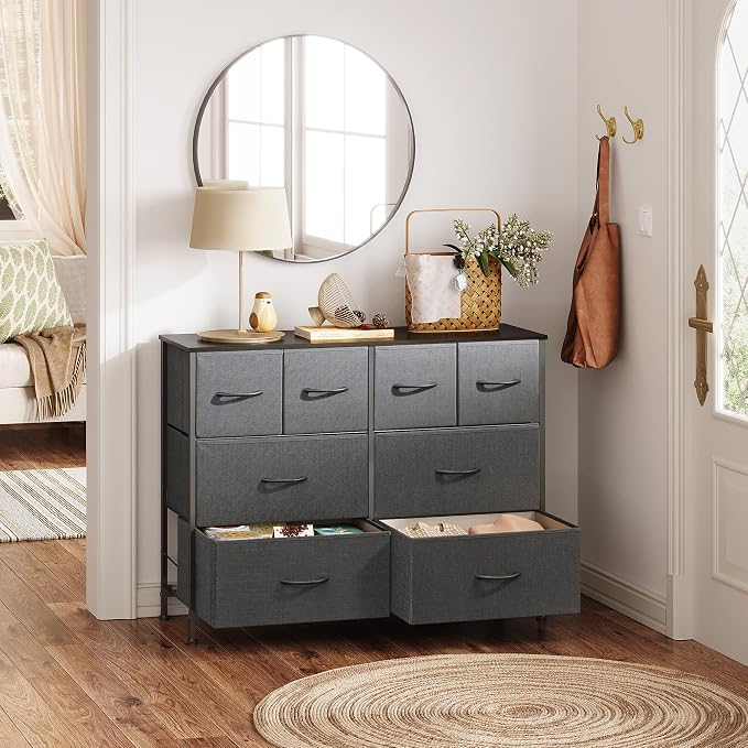 WLIVE Wide Dresser for Bedroom, 8 Drawer Chest of Drawers, Dark Grey | 8 roomy fabric drawers, Wide storage design, Bedroom or closet use, Sturdy steel frame, Smooth wood tabletop