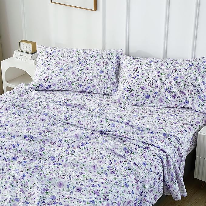 Viviland Floral King Sheet Set - 4 Piece Vintage Lavender Flower and Leaves Patterned Bed Sheets - Soft, Breathable Microfiber Sheets with Deep Pocket, Non-Slip Fitted Sheets & Pillowcases
