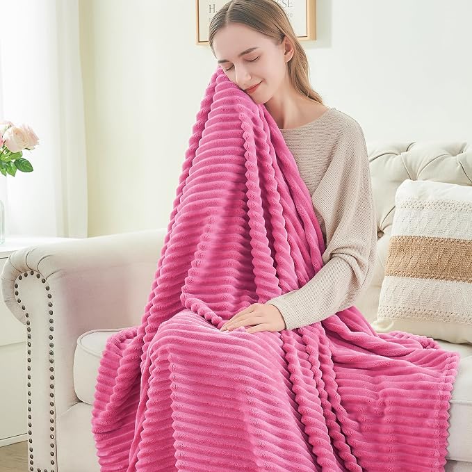 BEDELITE 3D Ribbed Jacquard Hot Pink King Size Blanket for Bed, 108x90 Inch | Soft Warm Decorative Fluffy Blanket, Cozy Fuzzy Lightweight Plush Fleece Throw Blankets for Bed, Room Decor, Gift for Women