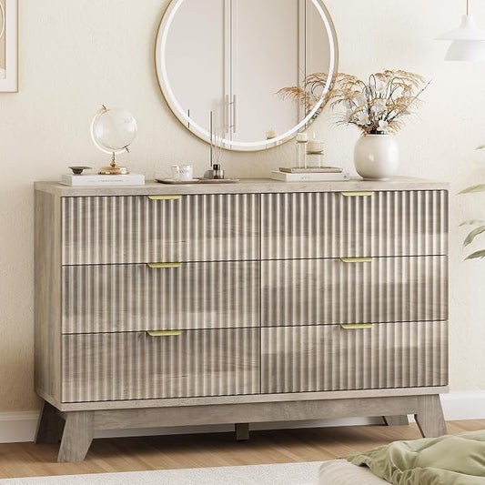 Xixini Fluted Dresser for Bedroom with 6 Drawers, 48" Wide Modern Chest of Drawers with Metal Handle, Wooden Dresser TV Stand, Wood Closet Clothes Storage Organizer for Living Room, Hallway, Grey