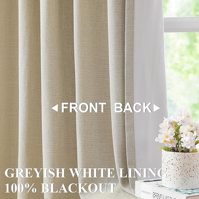Vision Home Sand Pinch Pleated Full Blackout Curtains Linen Blended Room Darkening Window Curtains 102 inch for Living Room Bedroom Thermal Insulated Pinch Pleat Drapes with Hooks 60" Wx102 Lx1