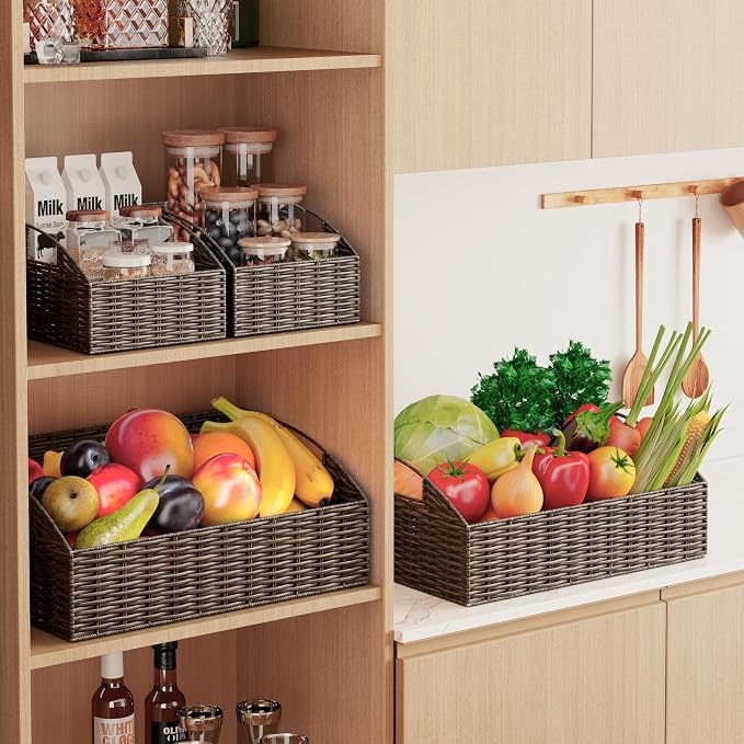 Pantry Baskets for Organizing, Wicker Basket Shelf Storage | Handwoven Pantry Organizers and Storage with Built-in Handles, Laundryroom Organization Storage Bins for Snack Cans