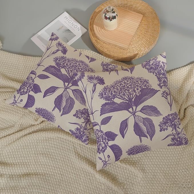 Purple Pillow Covers 20x20 Inch 2 Pcs Boho Vintage Floral Decor Throw Pillows Hydrangea Flower Seasonal Outdoor Farmhouse Neutral Accent Decoration Pillowcase Linen Cushion Cover for Sofa