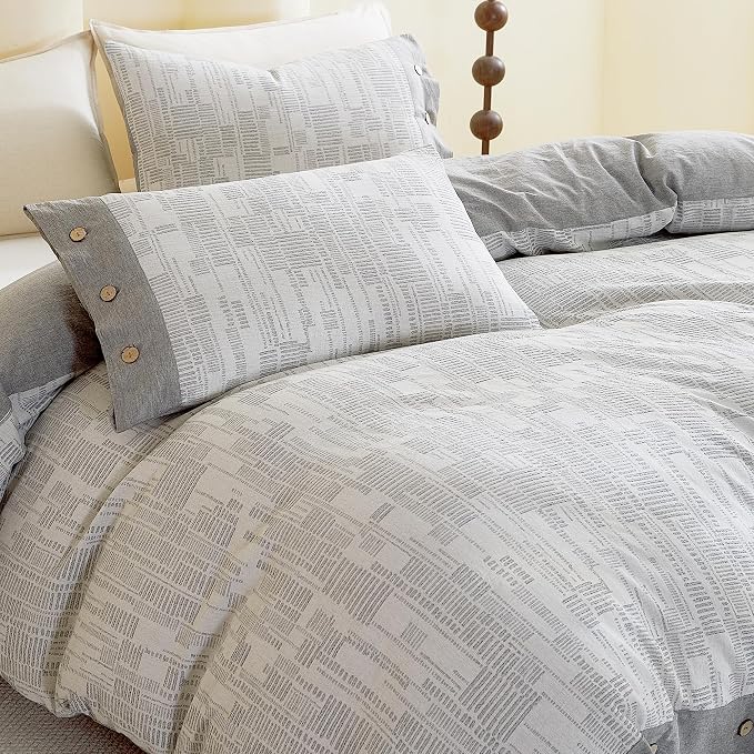 Oli Anderson 100% Egyptian Cotton Duvet Cover Queen Size, Grey, 3 Pieces | Yarn Dyed Jacquard Textured Bedding Set, Striped Boho Design, Pre-Washed, Button Closure, Soft Breathable, All Season Comfort