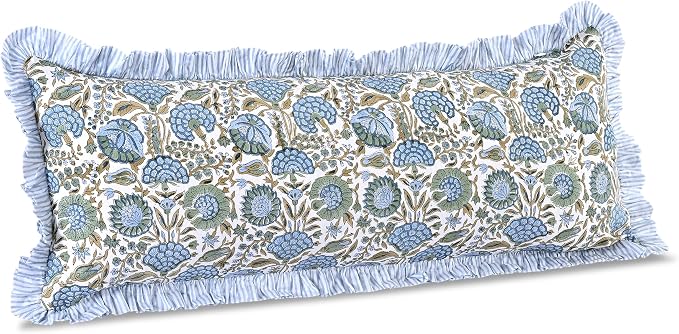 Ridhi Block Print Asparagus Green Ruffle Lumbar Pillow Shams, 36" x 14" | 100% cotton, Floral Pillowcase, Cushion Cover, Hidden Zipper, Cottagecore Bedding, farmhouse boho style, fits couch, sofa,Bed