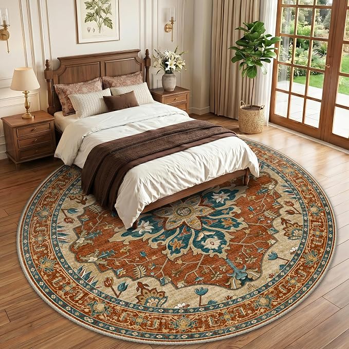 RELEANY Washable Area Rug, Round 10ft, Red/Orange/Blue/Brown | Non-Slip, Water Repellent, Pet Friendly, Easy to Clean, Vintage Floral Boho Decor for Living Room Bedroom Dining Room