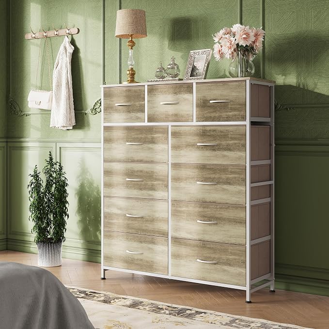 WLIVE Tall Dresser for Bedroom, 11 Drawer Chest of Drawers, Greige | 11 fabric storage drawers, Tall high-capacity design, Bedroom or dorm use, Sturdy steel frame, Smooth wood tabletop