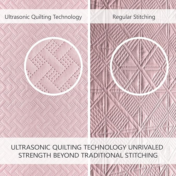 FLYMME King Size Quilt Bedding Set Pink Lightweight Bedspreads Set,Modern Style Geometric Weave Stripe Pattern,Soft Microfiber Bed Coverlet 3 Pieces (1 Quilt, 2 Shams)