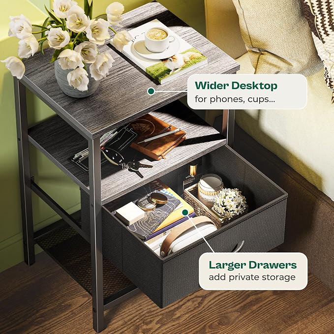 Huuger Nightstand Set of 2, Night Stand with Fabric Drawer, Mesh Shelf | side Table with Storage, Fabric Drawer Dresser, Open Shelf, Metal Frame, Bedroom, Charcoal Gray