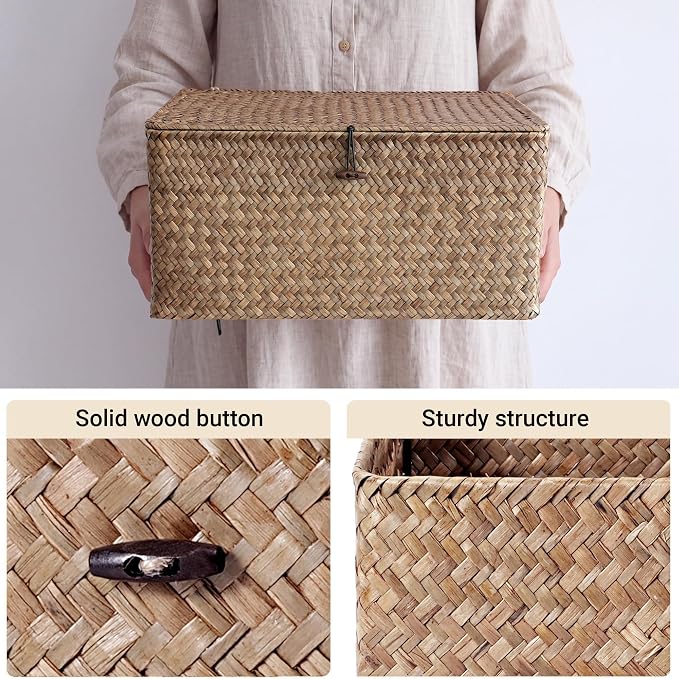 Nonam Seagrass Storage Large Basket with Lid,Wicker Basket Storage Bin with Lid for Shelves,Boho Decor,Handwoven Shelf Basket for Organizing-Storage Container Box for Home Organization-Coffee