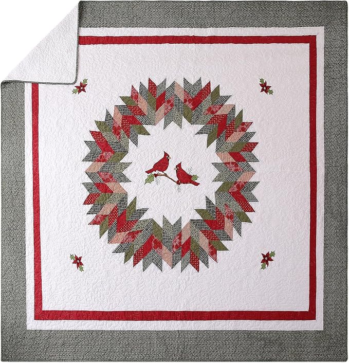 vctops 3 Pieces Christmas Cotton Quilted Quilt Set (Birds,Oversize Queen) | Vintage Cardinal Patchwork Bedspread Coverlet Soft Lightweight Bedding Sets 1 Quilt with 2 Pillow Shams
