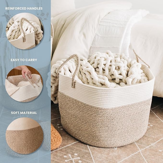 OrganiHaus Round Toy Basket & Blanket Basket, Cotton Rope 20x13" | Brown / Off-White - Round Cotton Rope Basket, 20x13"