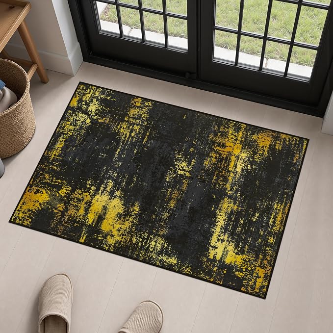 2x3 Washable Entryway Rug: Modern Abstract Soft Carpet Black Gold | For Entrance, Bedroom, Kitchen, Laundry, Bathroom,Door Mat,Modern Abstract,Machine washable,Non-Slip,Stain Resistant,Indoor