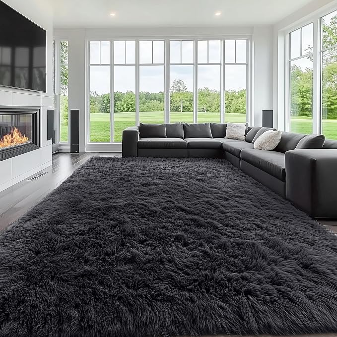 OLANLY 10x14 Machine Washable Large Area Rugs for Living Room, Bedroom, Soft Fluffy Shaggy Bedside Rug, Indoor Floor Carpet for Kids Girls and Boys, Dorms, Nursery, Home Decor Aesthetic, Black