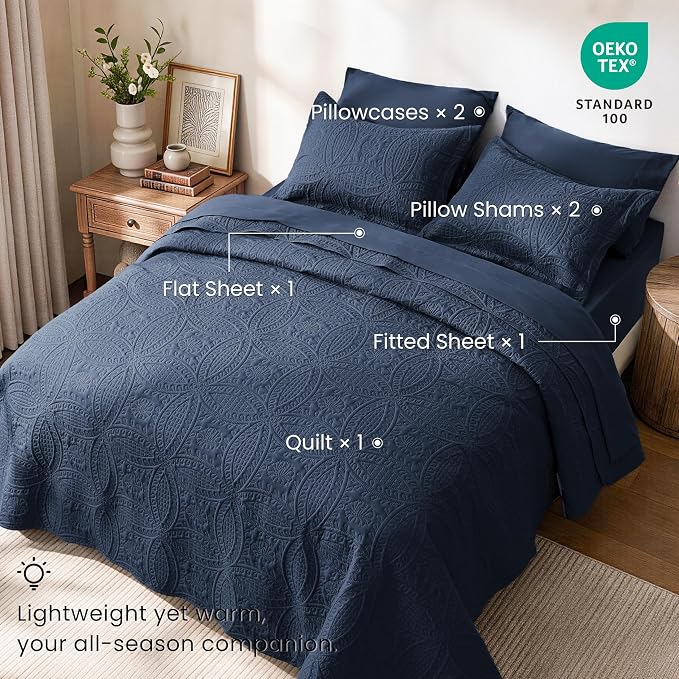 Love's cabin King Quilt Set Navy, Bed in a Bag King Size Bedding 7 Pieces, Ultrasonic Embossed Coin Pattern Comforter, Lightweight Bedspreads for All Seasons Quilt with Sheets, Pillowcases & Shams