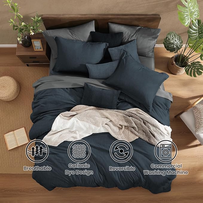 Monbix Full Comforter Set 7 Pieces Navy Blue Cationic Dyeing Bed in a Bag | Lightweight Reversible All Season Bedding Sets with Comforter, Sheets, Pillowcases & Shams
