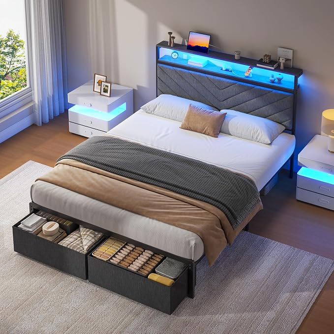 Fluest Full Bed Frame with 2 Drawers, Upholstered Headboard with Storage and Charging Station, LED Lights, Fabric Drawers with Wheels, Under Bed Storage, No Box Spring Needed, Easy Assembly, Grey