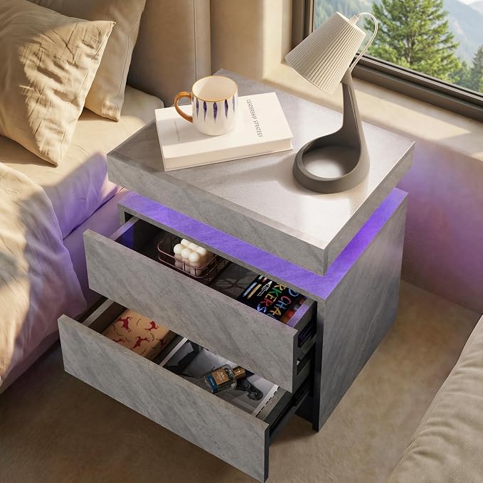 i-aplus Gray Modern LED Nightstand Set of 2 with 2 Wood Drawer for Bedroom | Nightstands with App-Controlled RGB LED Lights, Night Stand with Storgae Drawer, Modern Bedside Table for Bedroom