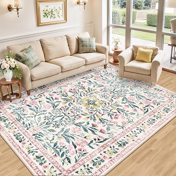 PLHXFR 6x9 Area Rug Living Room: Floral Washable Boho Carpet Pink Green | For Bedroom Dining Room Farmhouse Nursery Hallway,Vintage Floral,Machine washable,Non Slip,Stain Resistant,Large Indoor