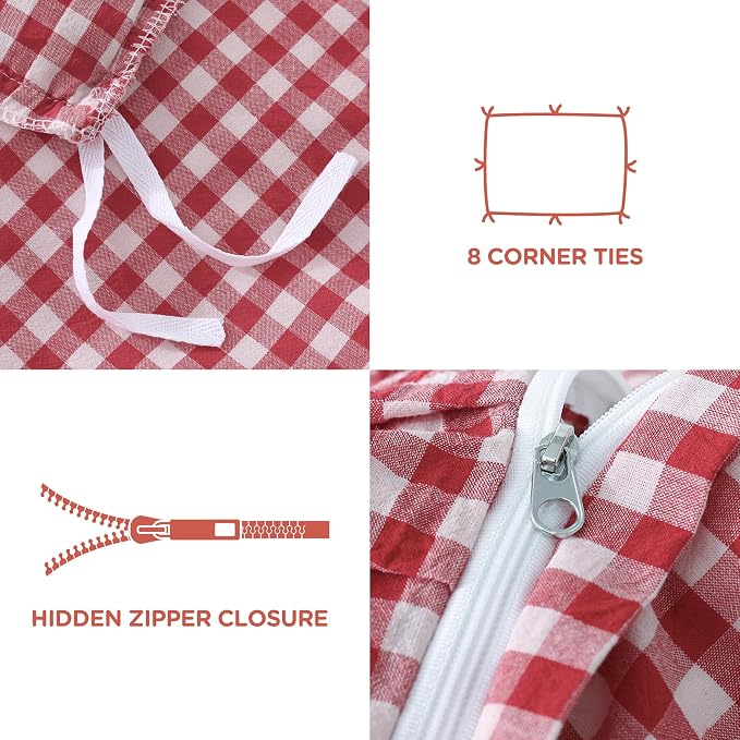 ATsense Red Gingham Ruffle Duvet Cover Set Cotton Like Linen, King | 100% Washed Cotton Linen-Like Feel Soft, Breathable & Comfy. Farmhouse Bedding Set with Zipper & 8 Ties. 3 Pcs, No Insert