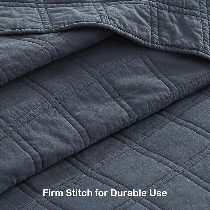 HORIMOTE HOME 100% Cotton Quilt Set Queen Size, Denim Blue Pre-Washed Bedspreads Coverlet Set in Geometric Pattern, Cozy Lightweight Stitching Decorative Bedding Cover with 2 Shams for All Season