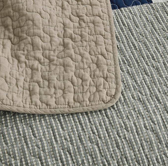 Chezmoi Collection Addy 3-Piece Navy Blue White Gray Taupe Plaid Patchwork Quilt Set - Pre-Washed Cotton Coverlet - Lightweight Reversible Bedspread, King Size