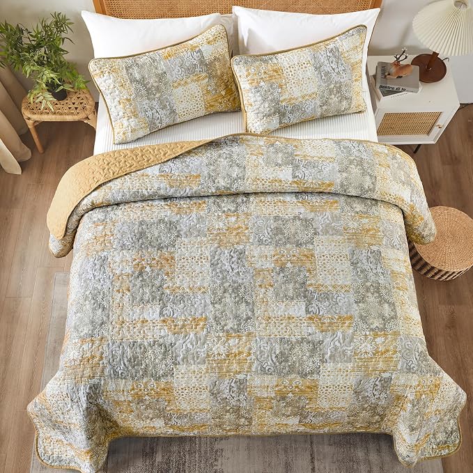 Mybedsoul Yellow Boho Quilt Queen Size, Patchwork Floral Bedding Set | Soft Lightweight Microfiber Coverlet Set, 3 Pieces Reversible Plaid Bedspread, Bed Sets for All Seasons 96"x90"