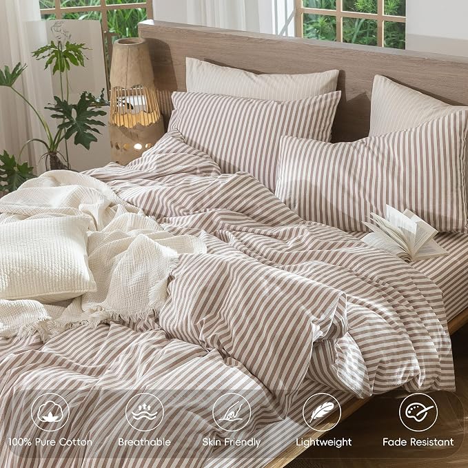 MooMee Striped Duvet Cover Set 100% Washed Cotton Linen Like Super Queen | Relaxed Linen-like Texture. Soft, Breathable & Long-lasting Comfort. Lightweight. Hidden Zipper with 8 Interior Corner Ties